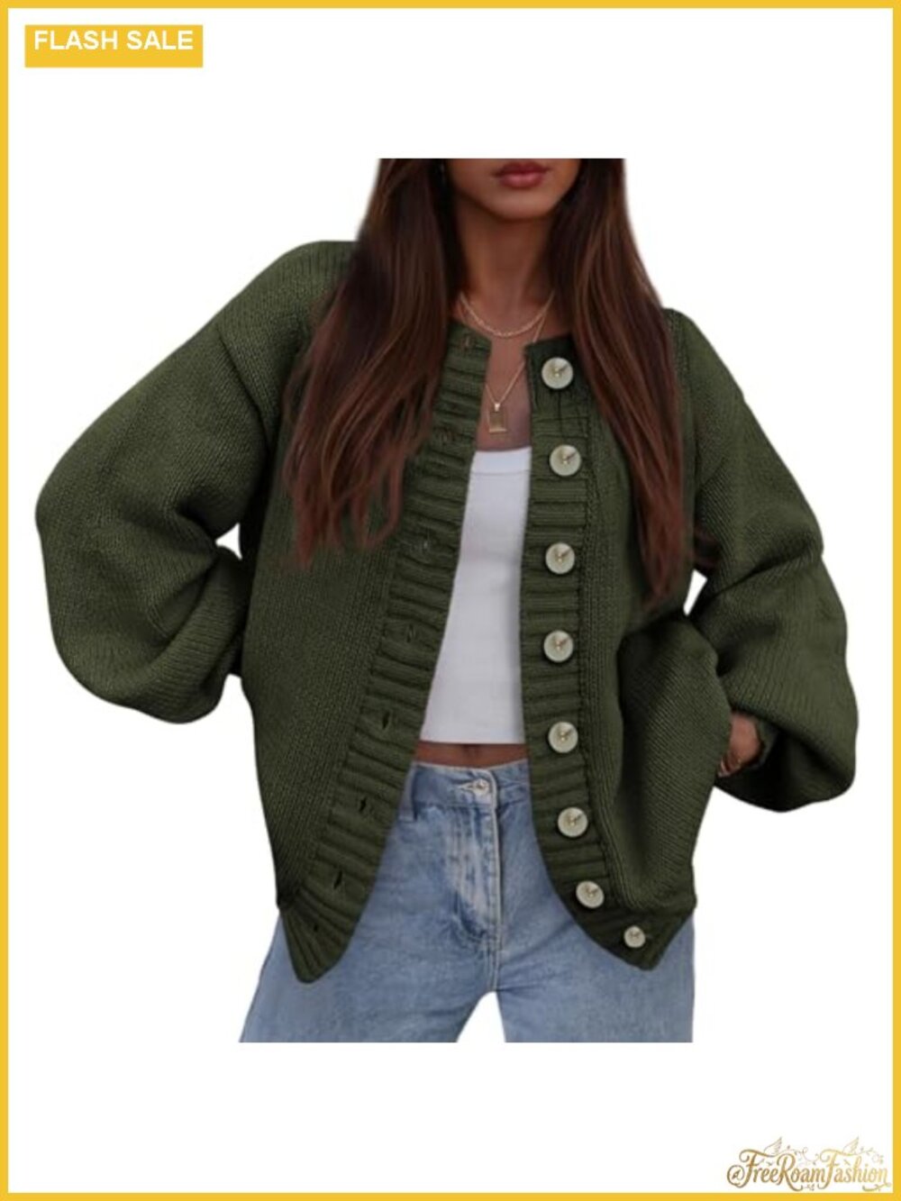 Chunky Ribbed Knit Button Up Cardigan Lantern Sleeve Loose Fit Sweater